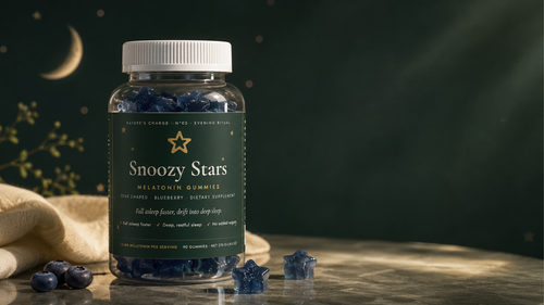 Snoozy Stars melatonin gummies jar with blueberry star gummies